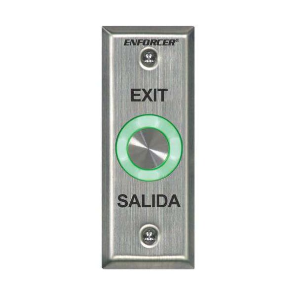 Piezoelectric pushbutton. Vandal-resistant, slimline plate. "EXIT" and "SALIDA" printed o
